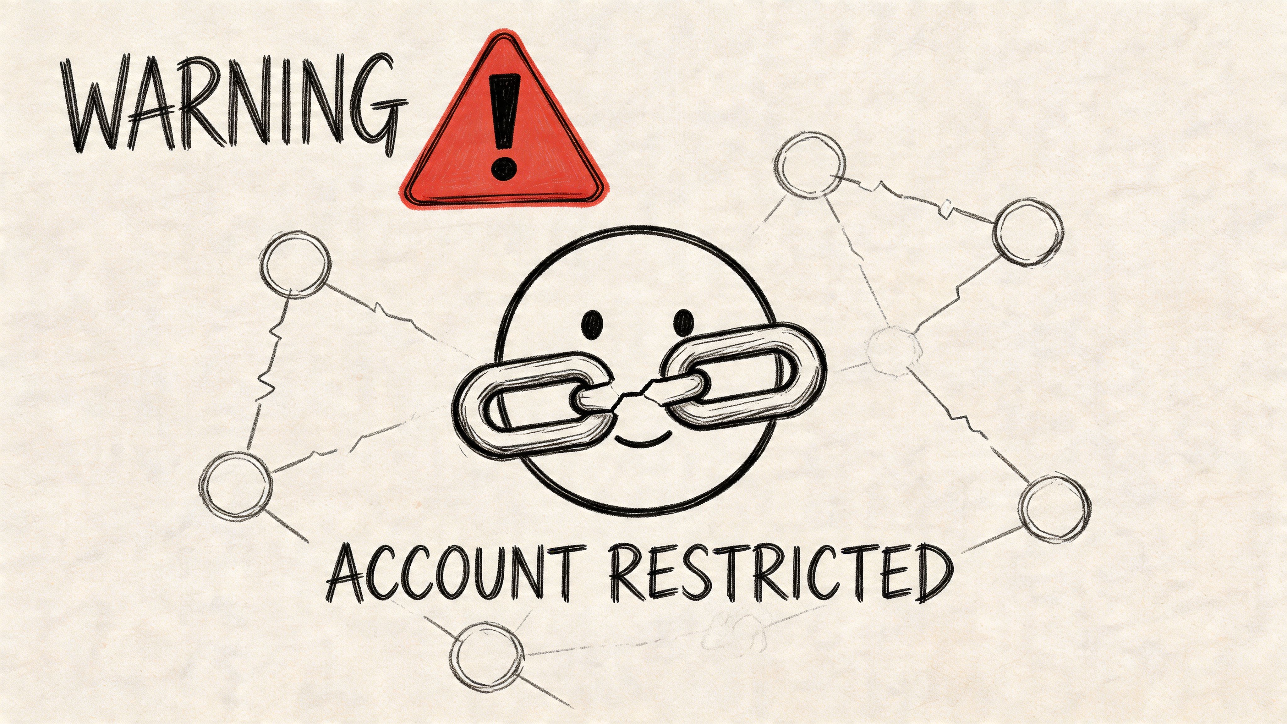 A hand-drawn illustration featuring a warning sign and a sad emoji with a broken chain representing account restriction.
