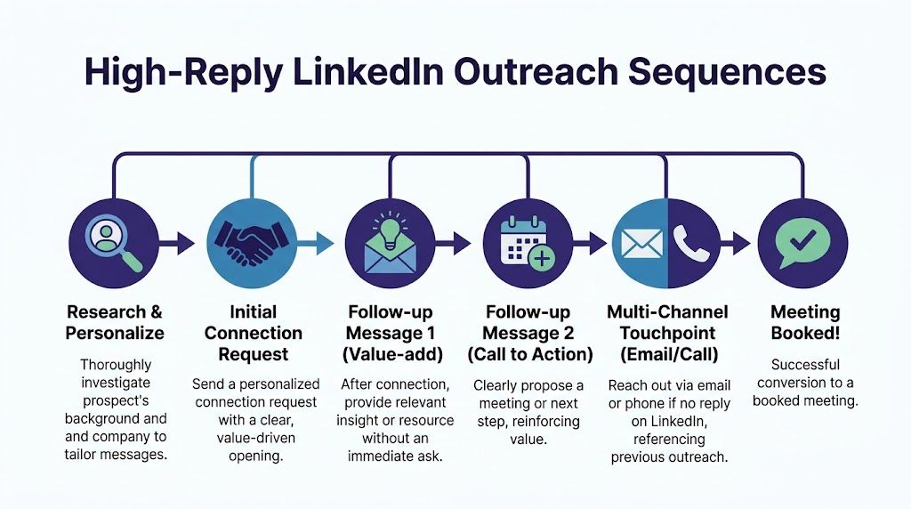A flowchart diagram showing six steps for a high-reply LinkedIn sales outreach sequence strategy.