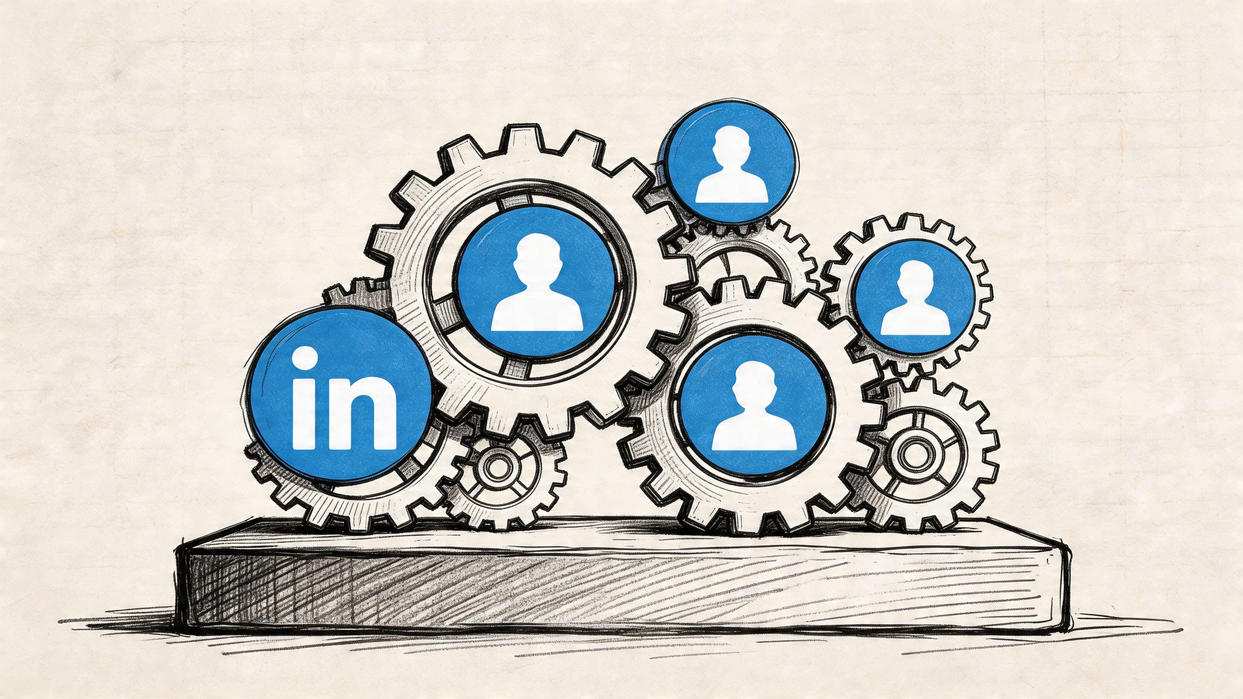 A digital illustration showing LinkedIn logo and user icons integrated into a complex gear mechanism machine.