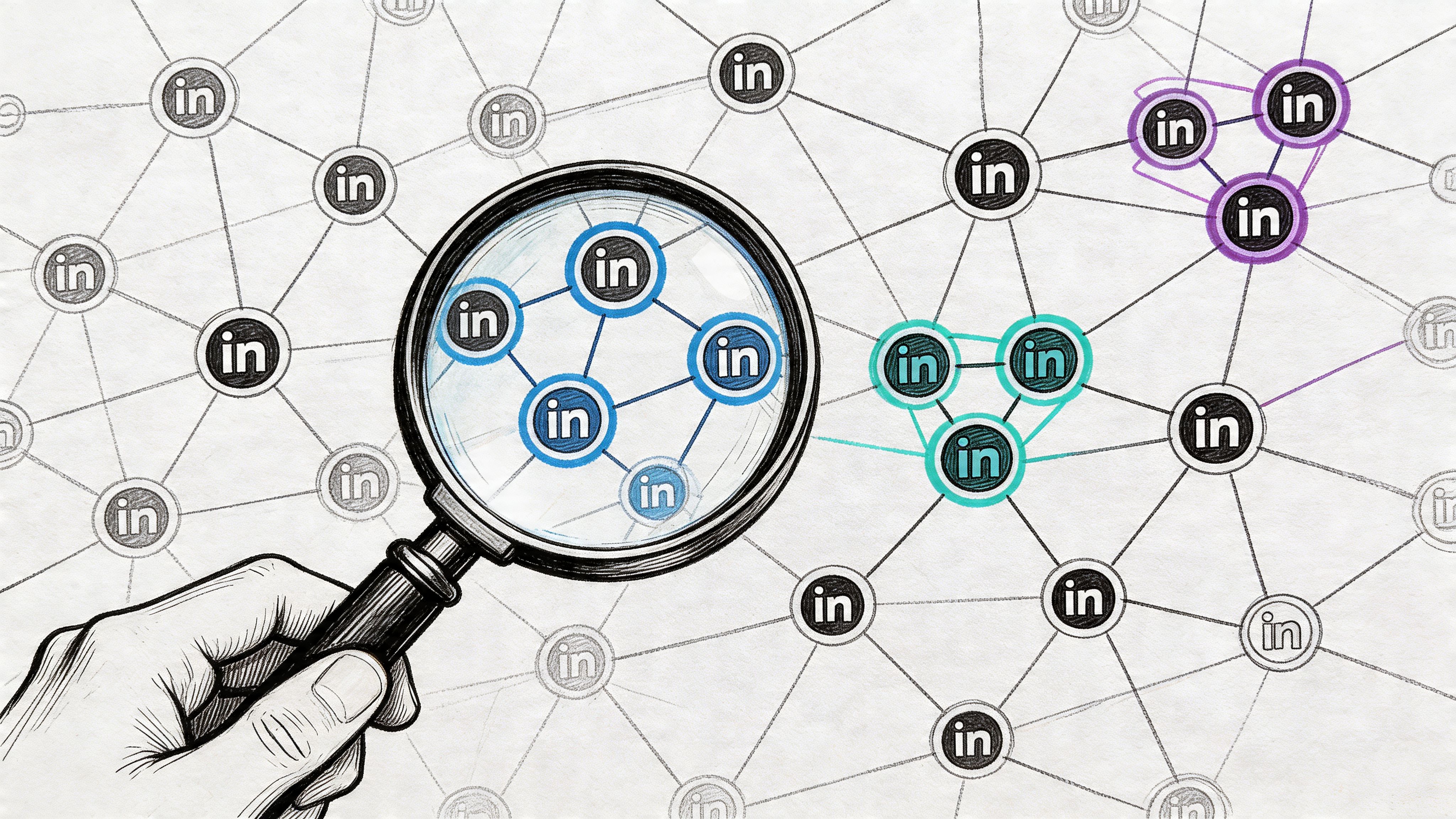 A hand holds a magnifying glass over a digital network of interconnected LinkedIn professional social icons.