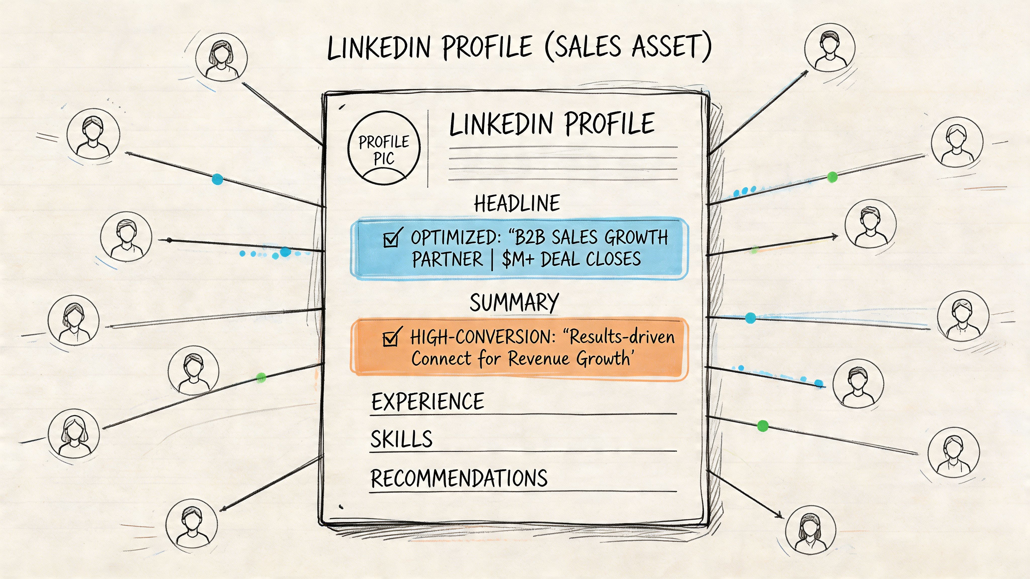 A hand-drawn illustration showing a LinkedIn profile as a sales asset surrounded by network connections.