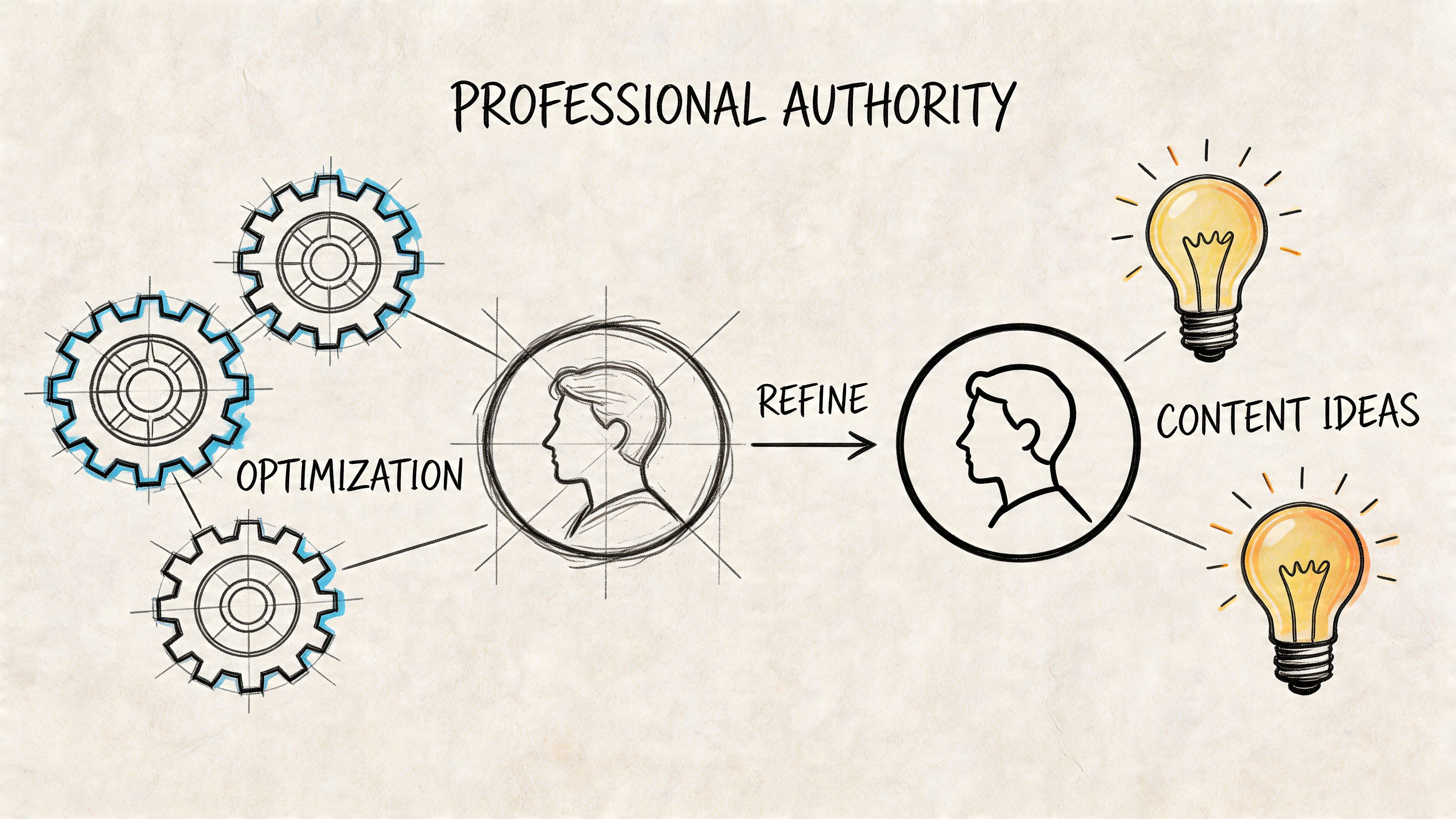 A hand-drawn illustration showing the process of moving from professional optimization to generating creative content ideas.