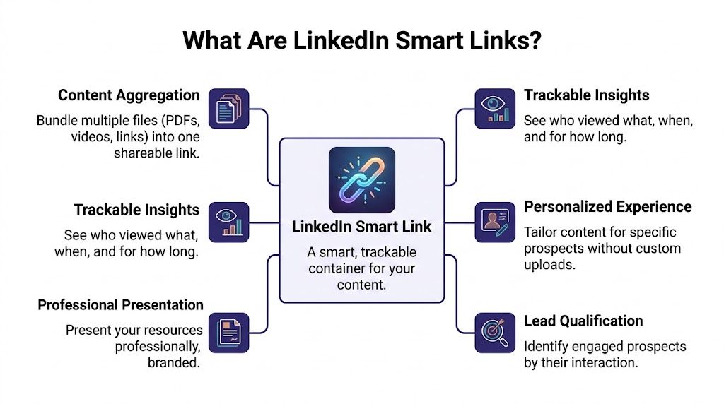 A diagram illustrating the key benefits and features of LinkedIn Smart Links for professional content sharing.