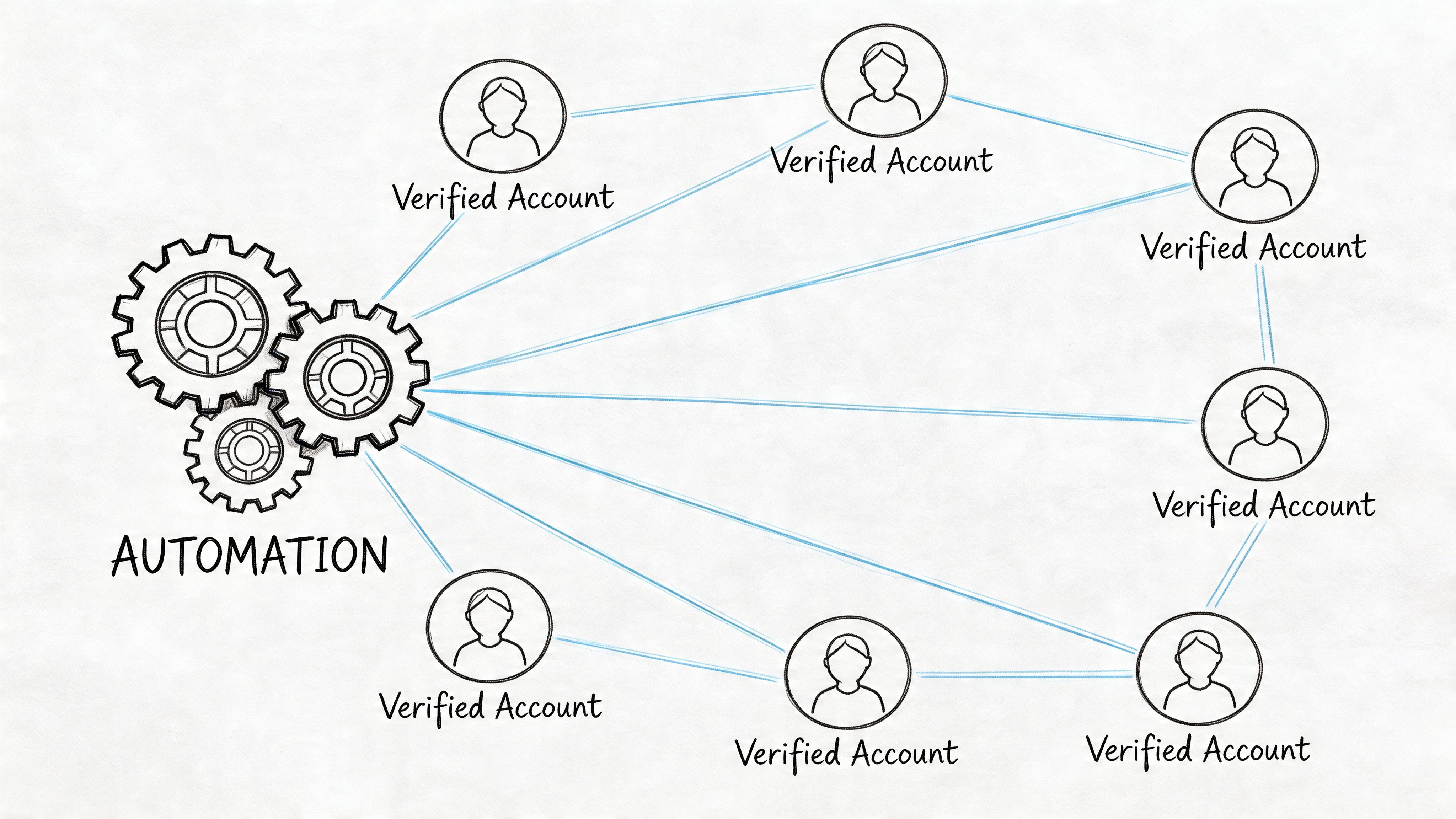 A conceptual drawing showing an automation gear system connected to multiple verified user profile accounts.