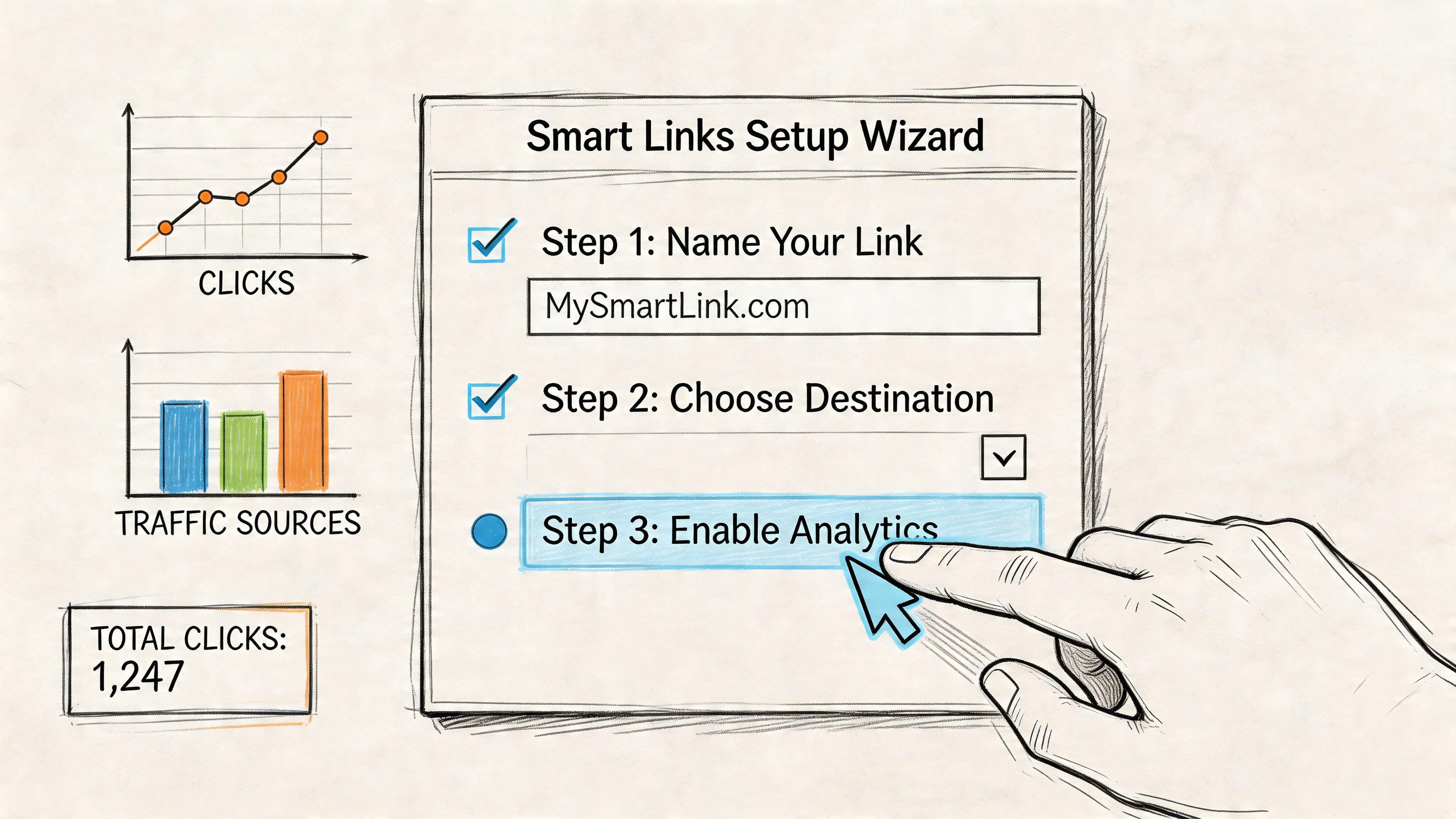 A hand selecting the Enable Analytics option on a Smart Links Setup Wizard interface screen.