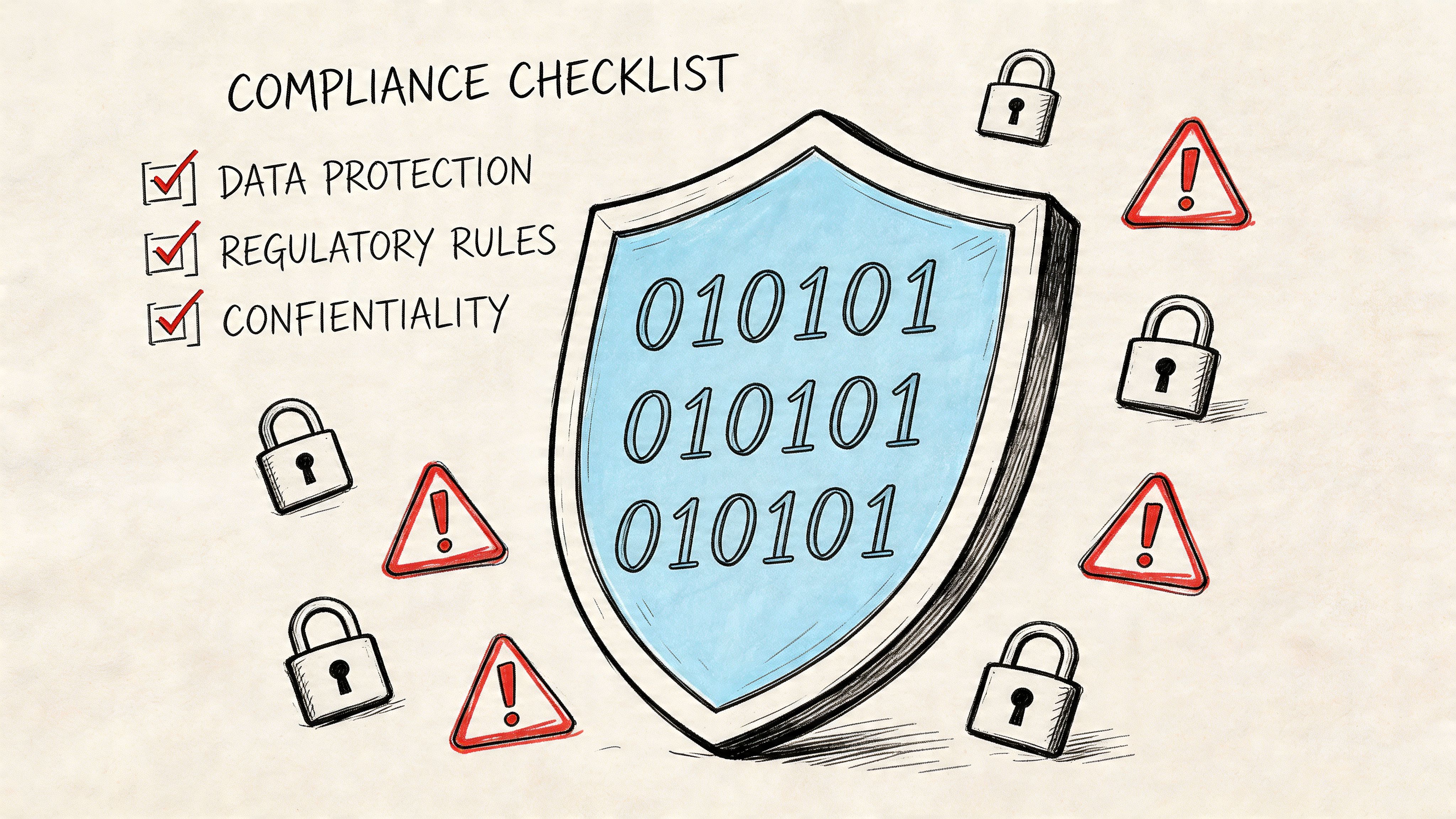 A hand-drawn illustration depicting a compliance checklist, a shield with binary code, locks, and warning signs.