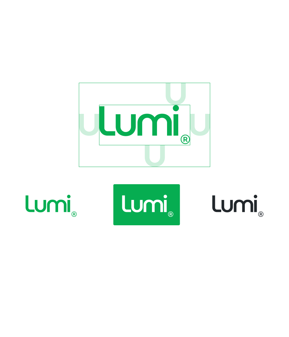 Tri rôzne verzie loga Lumi s ochrannou značkou, vrátane zelenej s bielym pozadím, bielej na zelenom pozadí a čiernej na bielom pozadí.