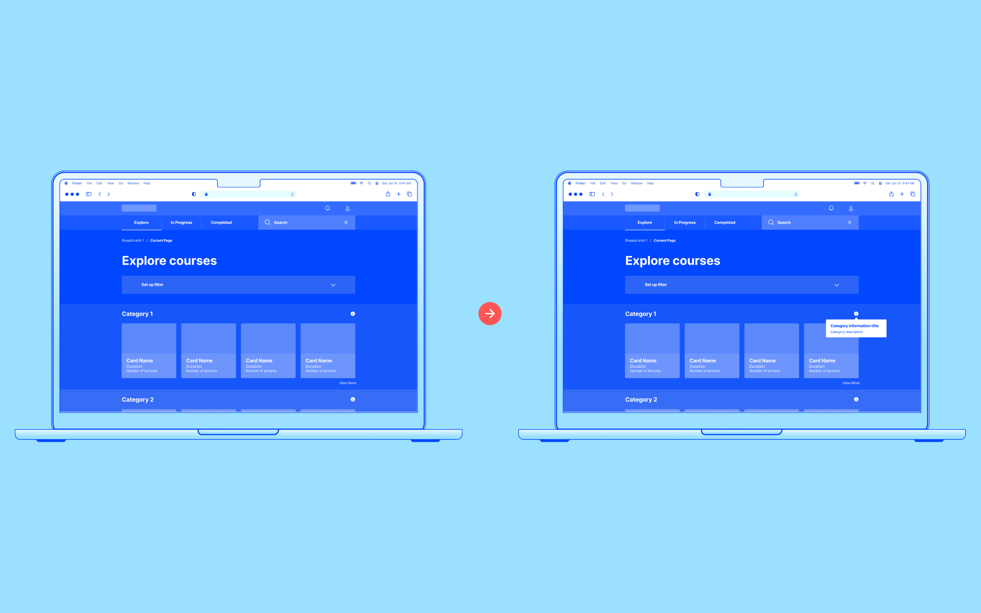 Dva obrázky laptopu zobrazujúce webovú stránku na prehliadanie kurzov s kategóriami a kartami kurzov, pričom druhý obrázok obsahuje informačné bubliny pri kategórii.