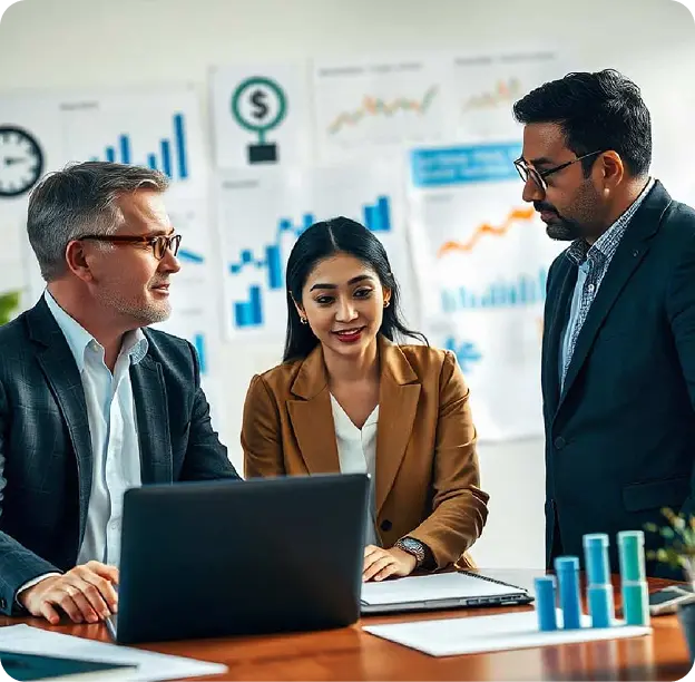 Three professionals discussing data and charts in a modern office setting with a laptop and documents.