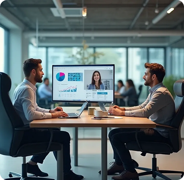 Two men sitting across from each other at a desk in an office, looking at a computer monitor displaying video call with a woman and various charts.