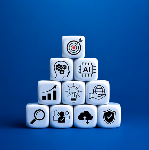 Stacked white cubes with icons representing target, AI, analytics, idea, global network, search, team, cloud upload, and security on blue background.