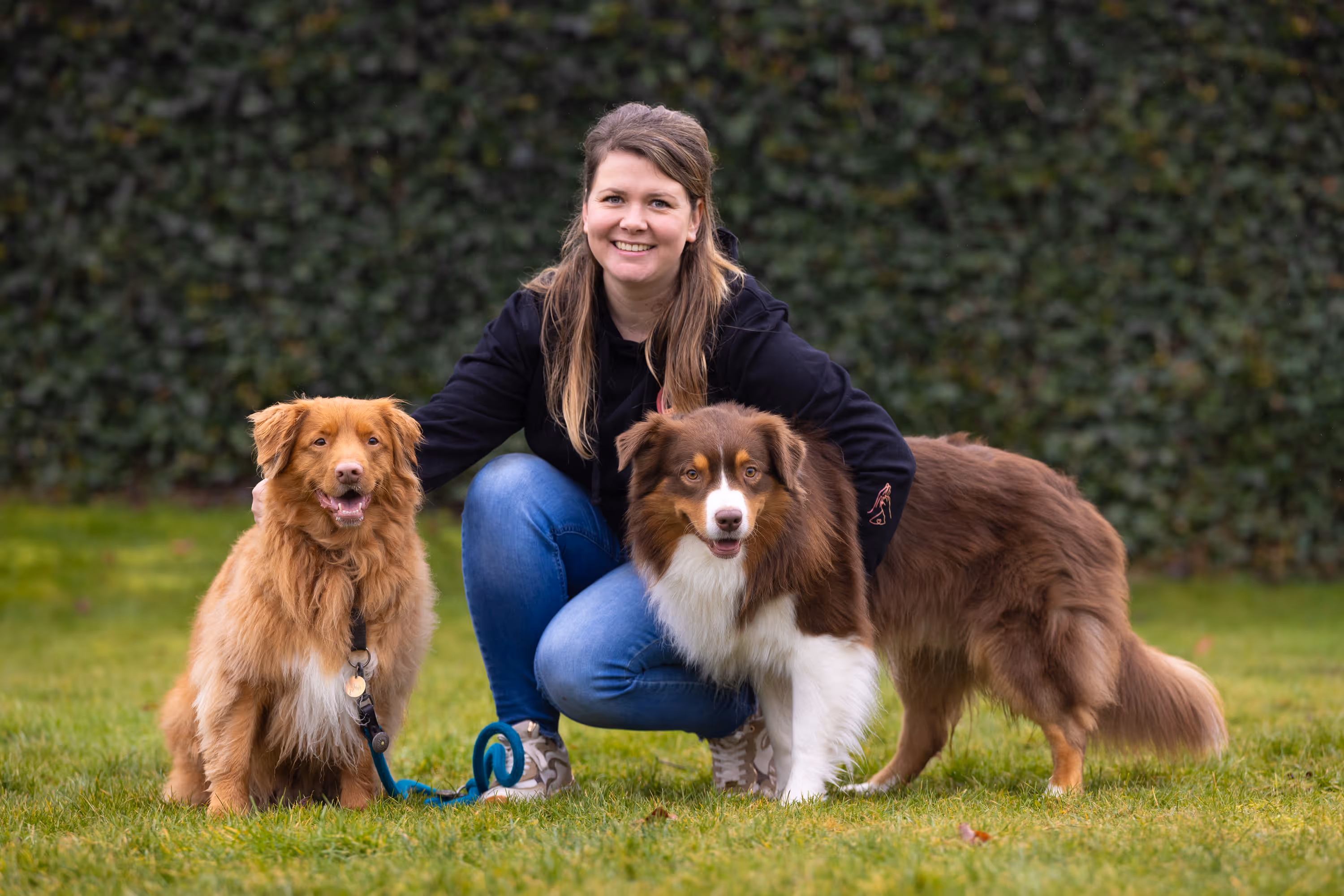 Vrouw knielt op gras naast twee Australische herdershonden, een bruine en een roodbruine met witte vacht.
