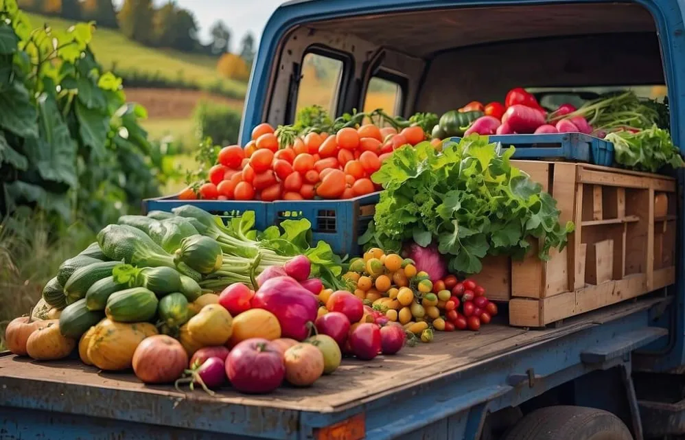 Flatbed truck loaded with various fresh vegetables including tomatoes, cucumbers, radishes, leafy greens, and squash in a rural outdoor setting.