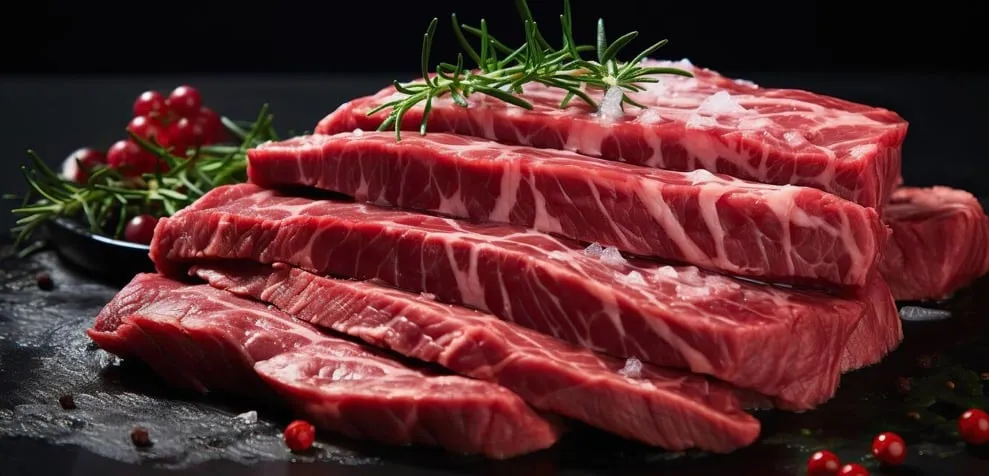 Raw marbled beef steaks stacked with sprigs of rosemary and red peppercorns on a dark surface.