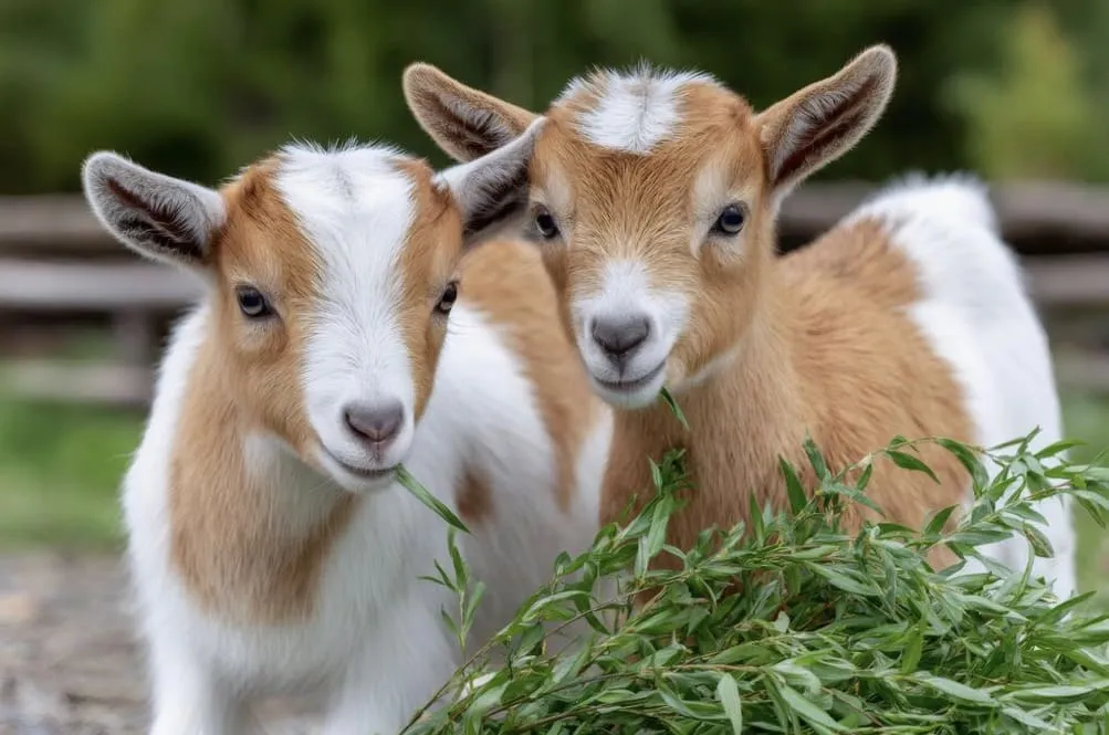 Two young goats with brown and white fur eating green leaves outdoors.