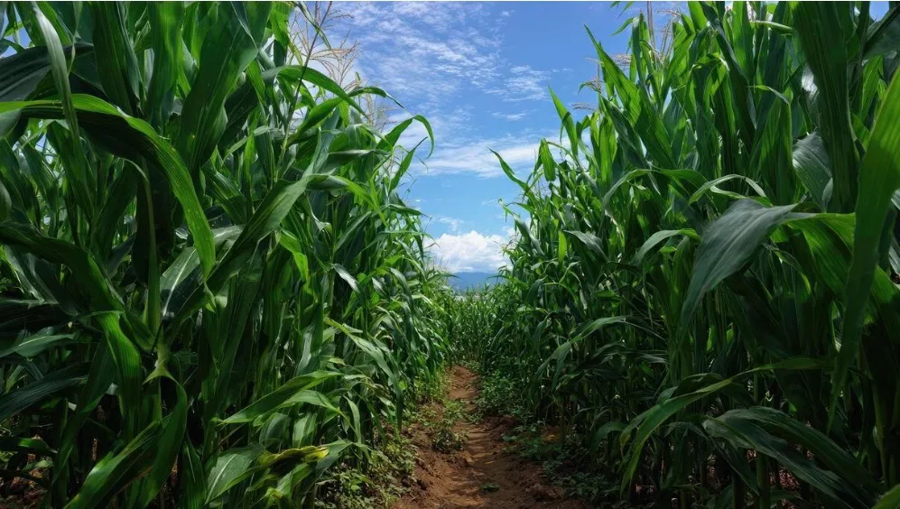 Pathway through tall green corn plants under a partly cloudy blue sky.