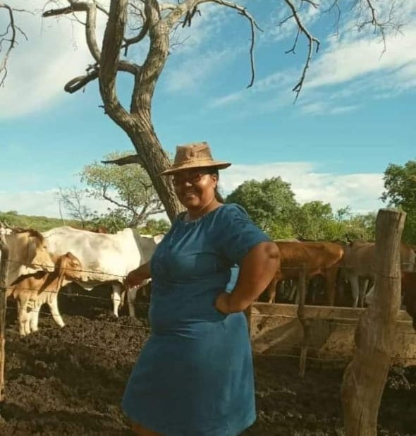 Woman in blue dress and hat standing near cattle in a rural farm setting with trees and blue sky.