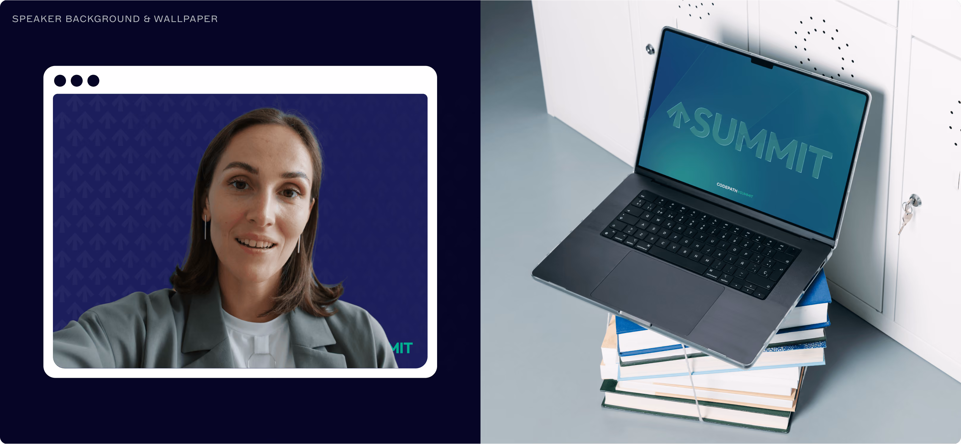 Split image with a woman smiling in a speaker background frame on the left and an open laptop showing a 'SUMMIT' wallpaper resting on a stack of books on the right.