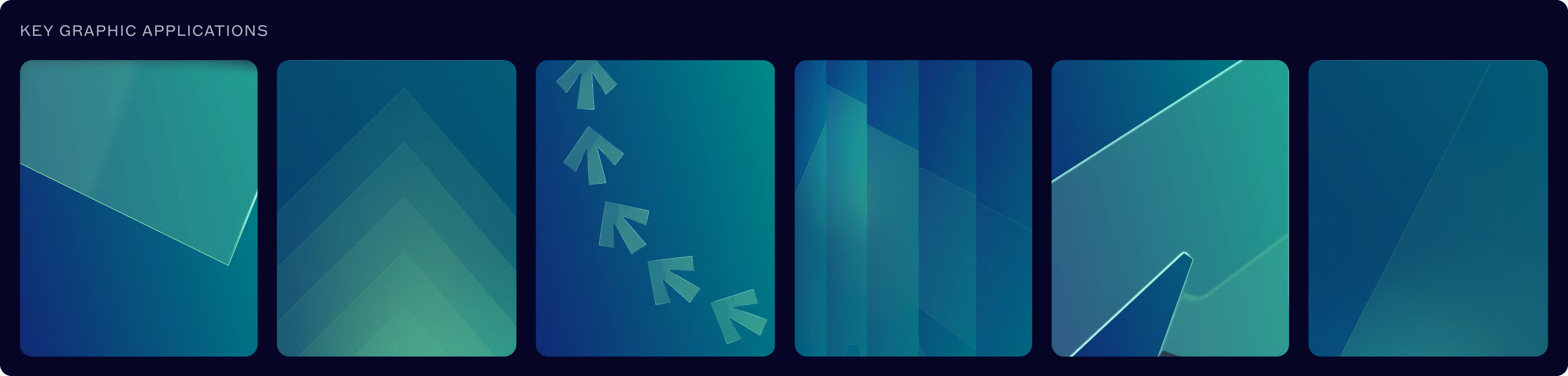 Six square compositions on a dark background labeled 'Key Graphic Applications,' each with abstract blue and green geometric designs featuring triangles, arrows, and layered shapes.
