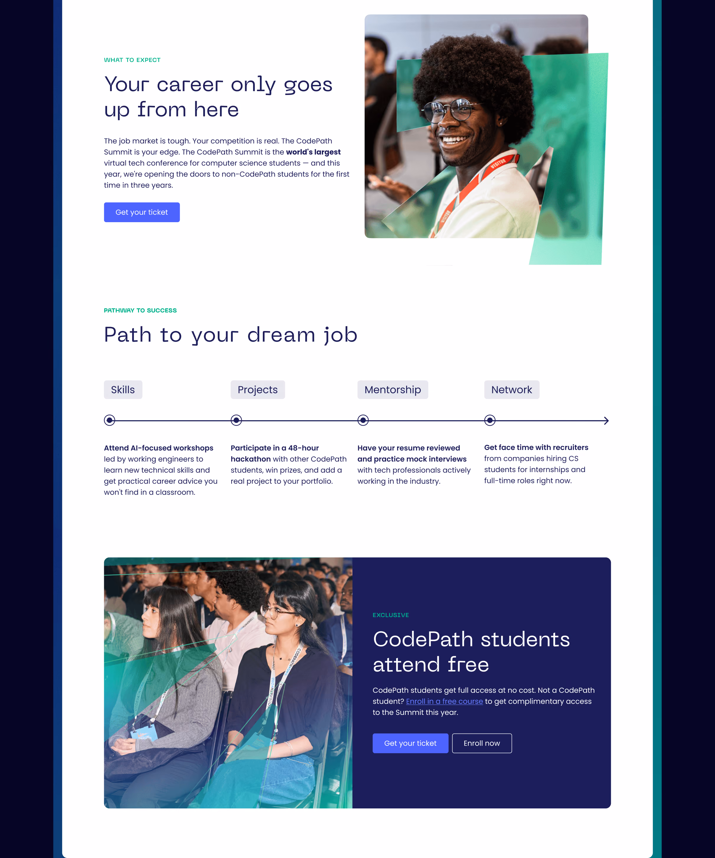 Webpage promoting the CodePath Summit showing two photos of students and descriptions of the event benefits. The top section highlights career growth with a photo of a smiling student wearing glasses and a lanyard. The middle section outlines a four-step pathway to success: Skills, Projects, Mentorship, Network, with brief descriptions under each step. The bottom section promotes free access for CodePath students, featuring an audience photo and call-to-action buttons to get tickets or enroll.