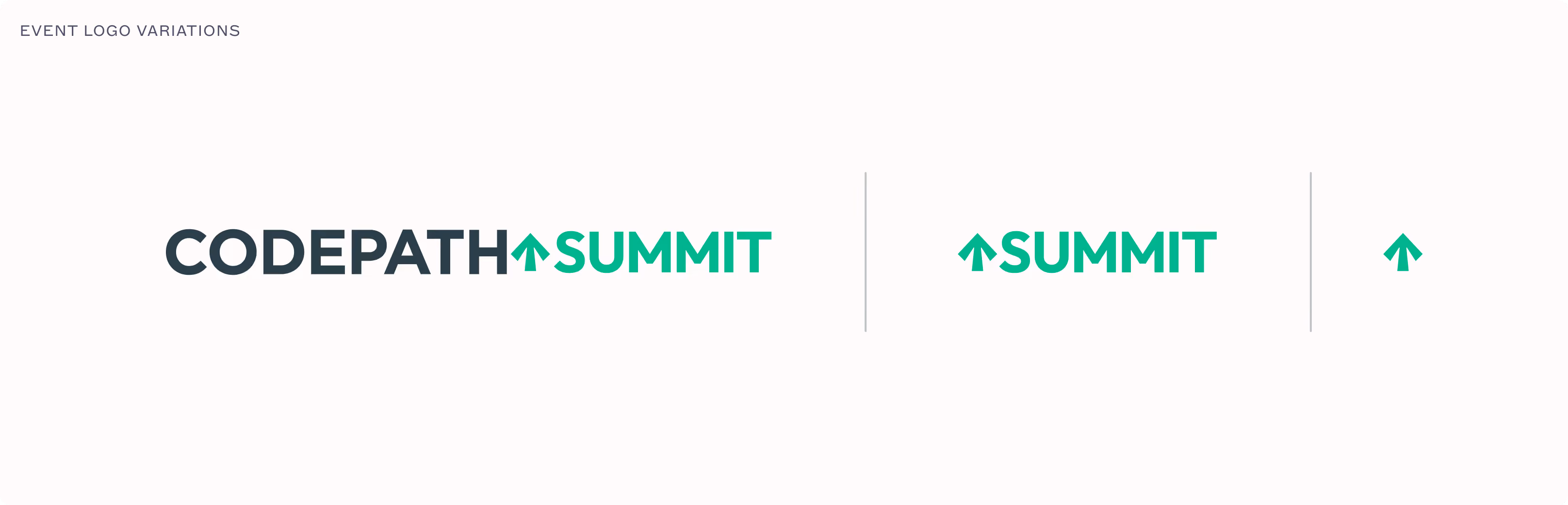 Three variations of the CodePath Summit event logo featuring an upward arrow: 'CODEPATH SUMMIT' with an arrow between words, 'SUMMIT' with an arrow before it, and a standalone upward arrow.