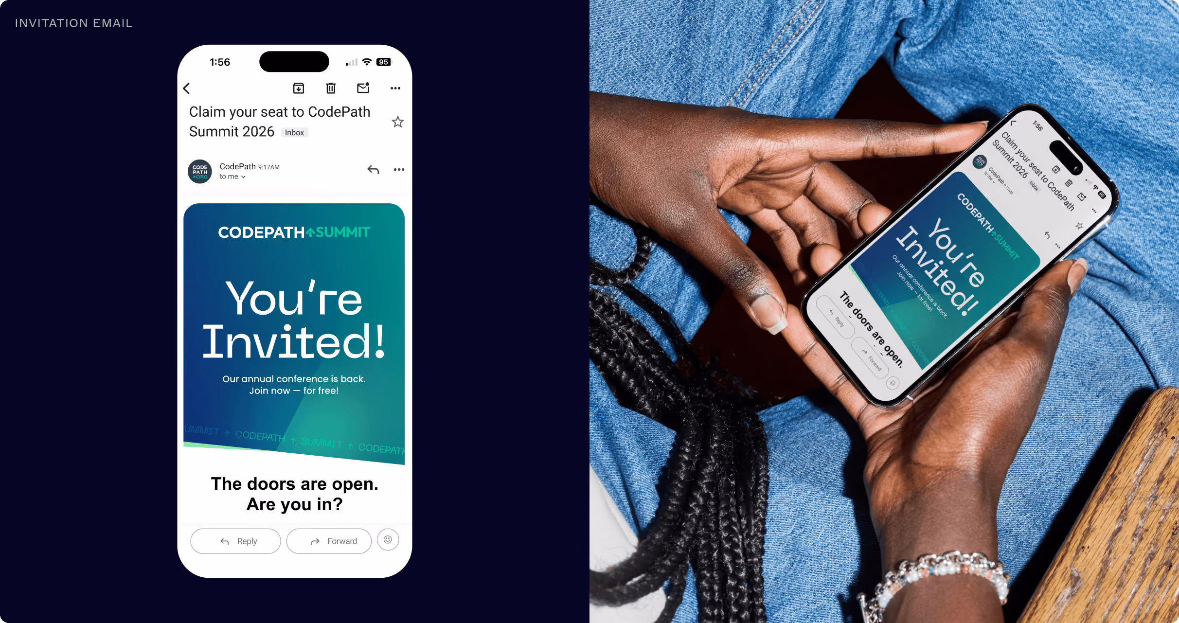 A person holding a smartphone displaying an invitation email for CodePath Summit 2026, showing the message 'You're Invited! Our annual conference is back. Join now—for free! The doors are open. Are you in?'