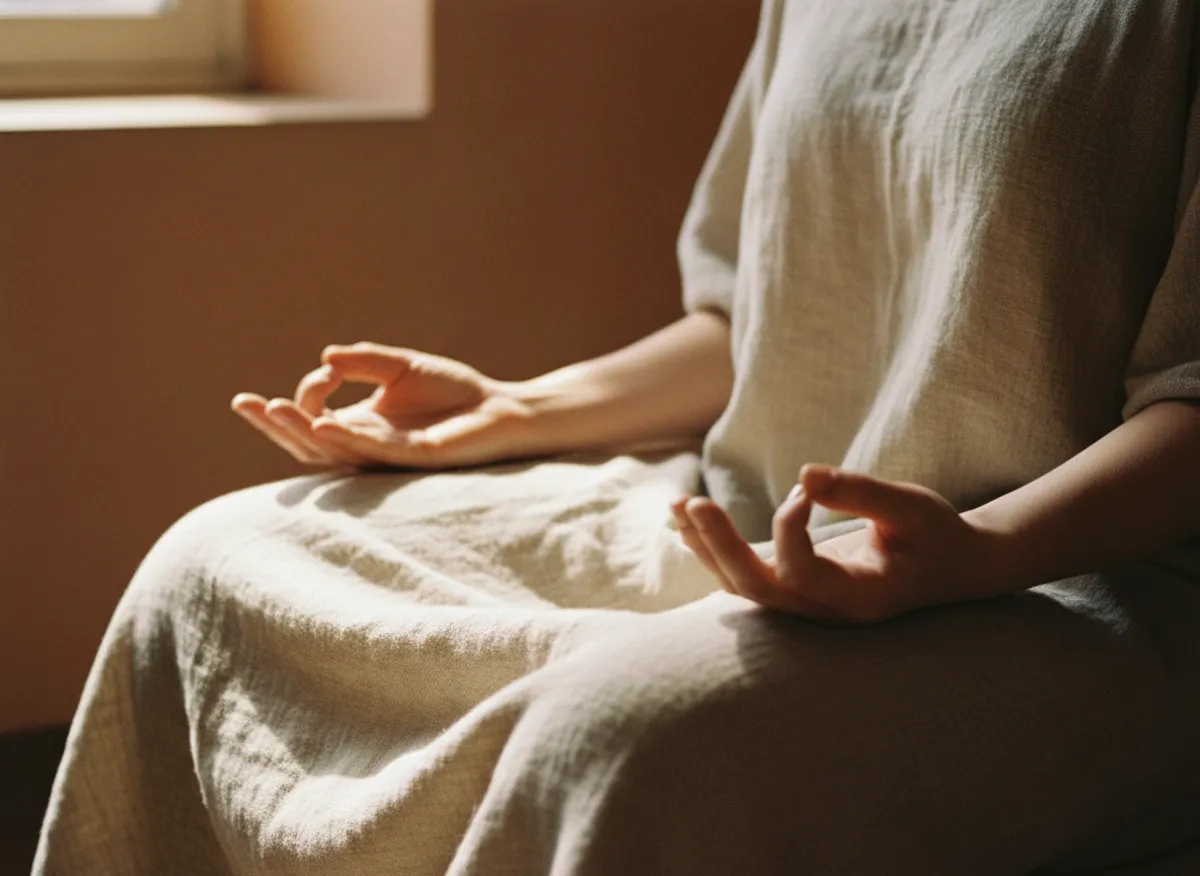 Hands resting in dhyana mudra during meditation practice