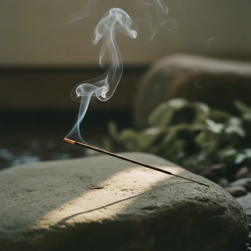 Incense smoke curling upward in soft morning light