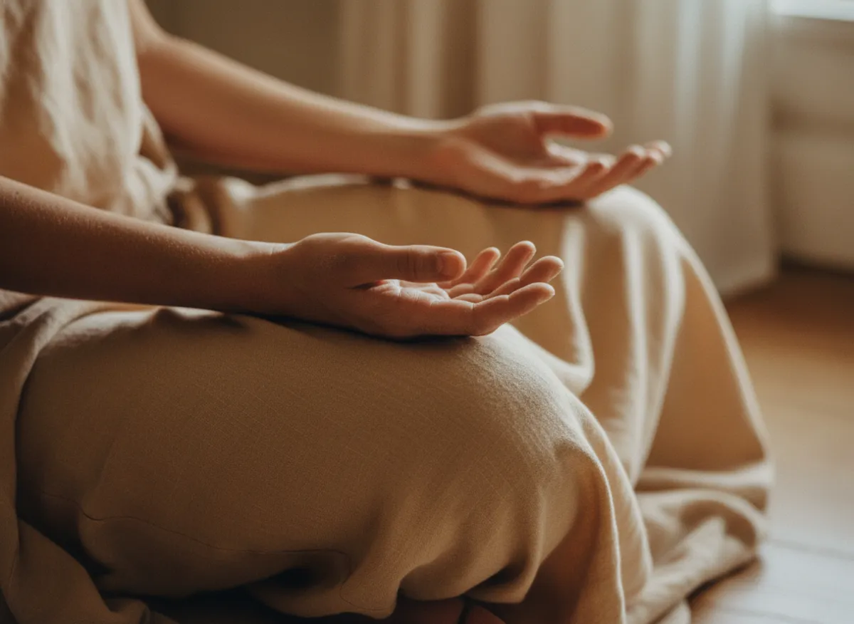 Hands resting in meditation mudra during mindfulness practice