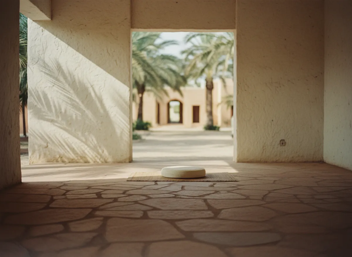 Simple open-air meditation hall with stone floor, single cushion, and natural light filtering through palm fronds