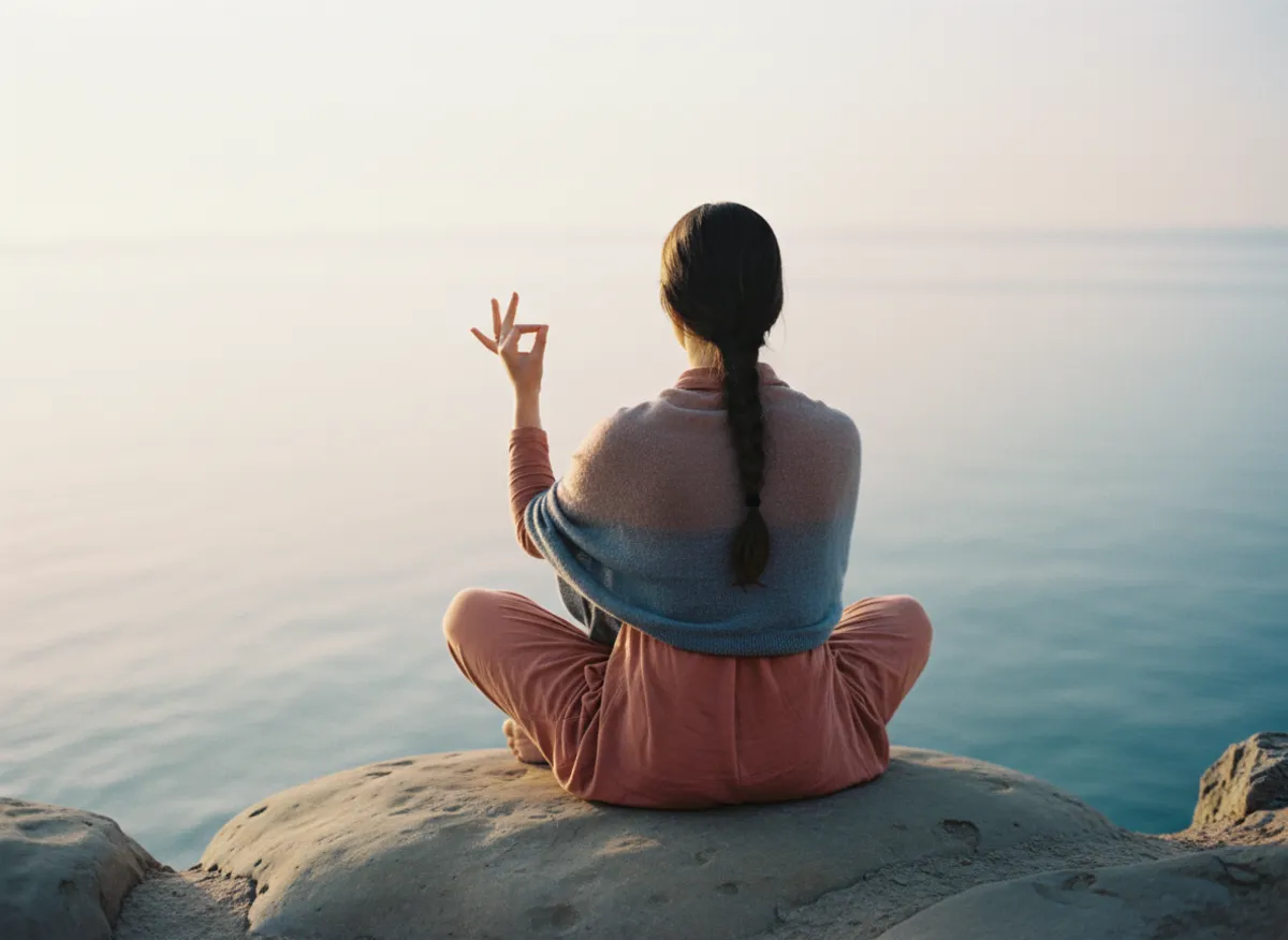 Person seated in meditation outdoors with right hand raised in Vishnu mudra, sea visible in soft focus distance