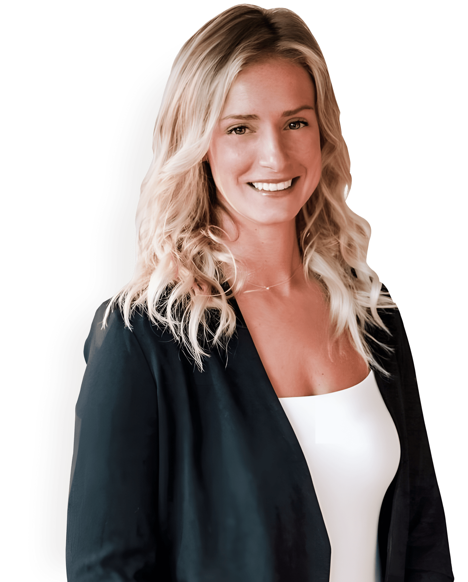 Smiling woman with shoulder-length blonde hair wearing a white top and black blazer.