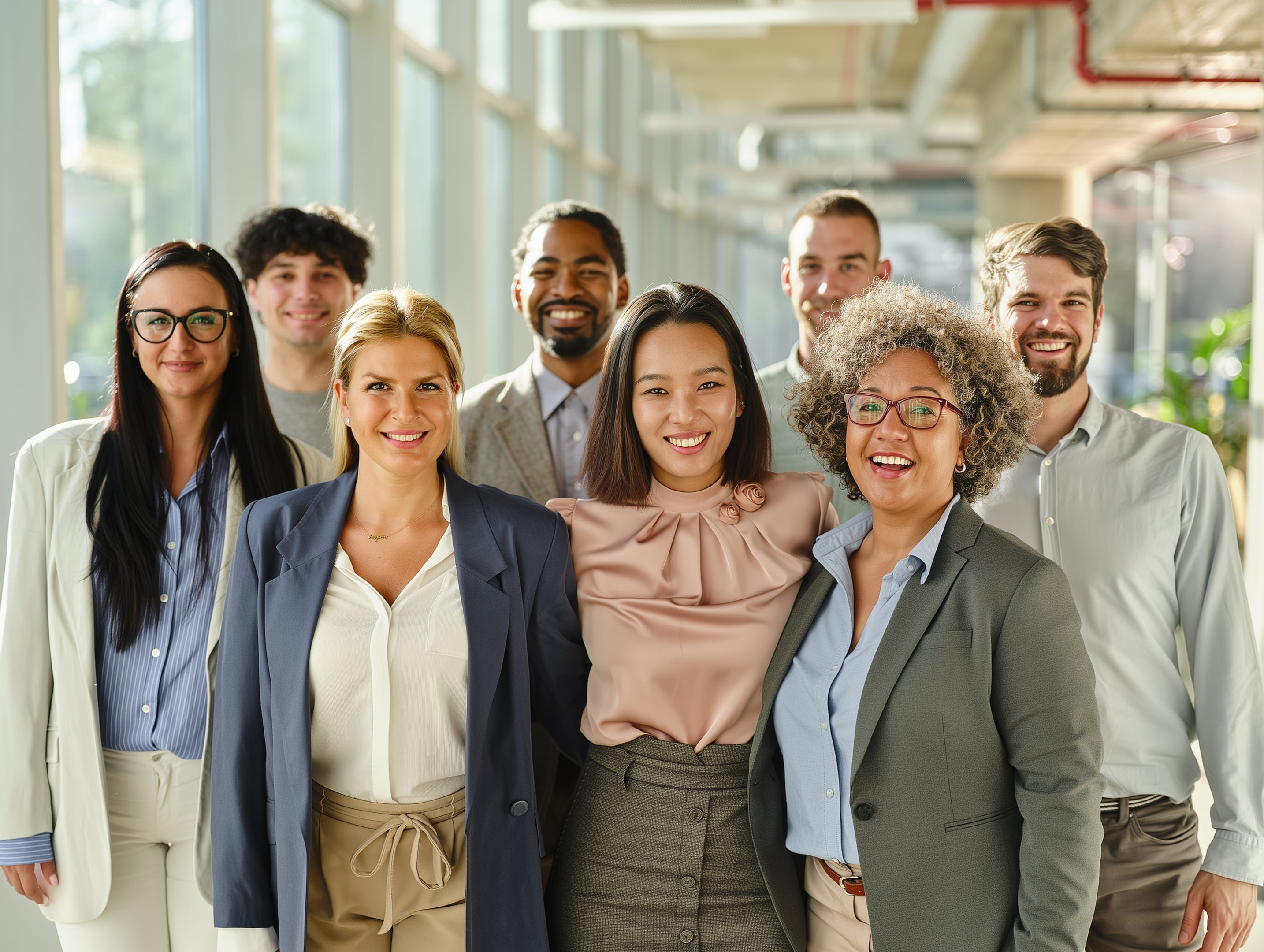 Diverse group of eight professionals smiling and standing together in a bright office hallway.
