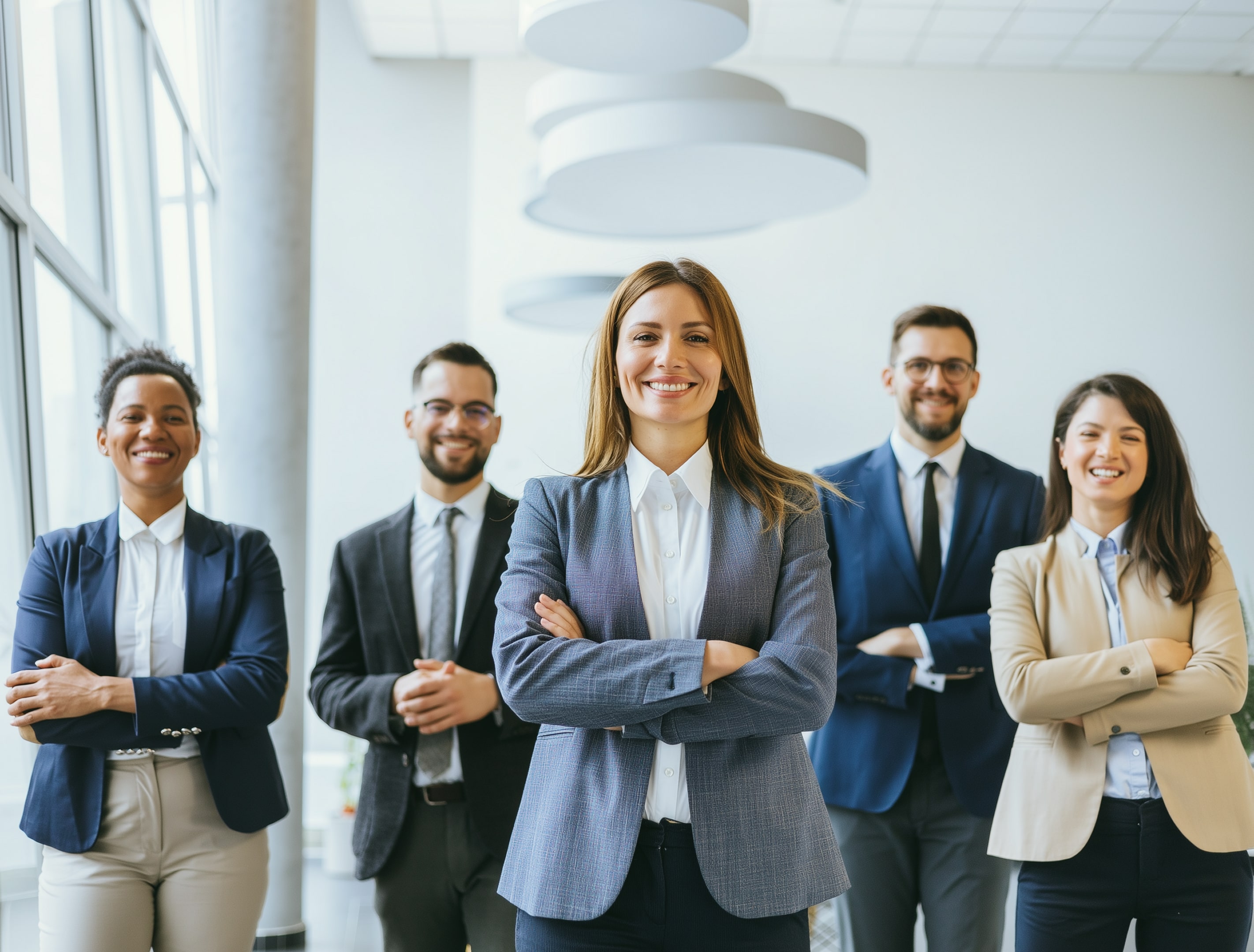 Confident businesswoman in gray blazer standing with crossed arms in front of a diverse group of four smiling professionals in an office.