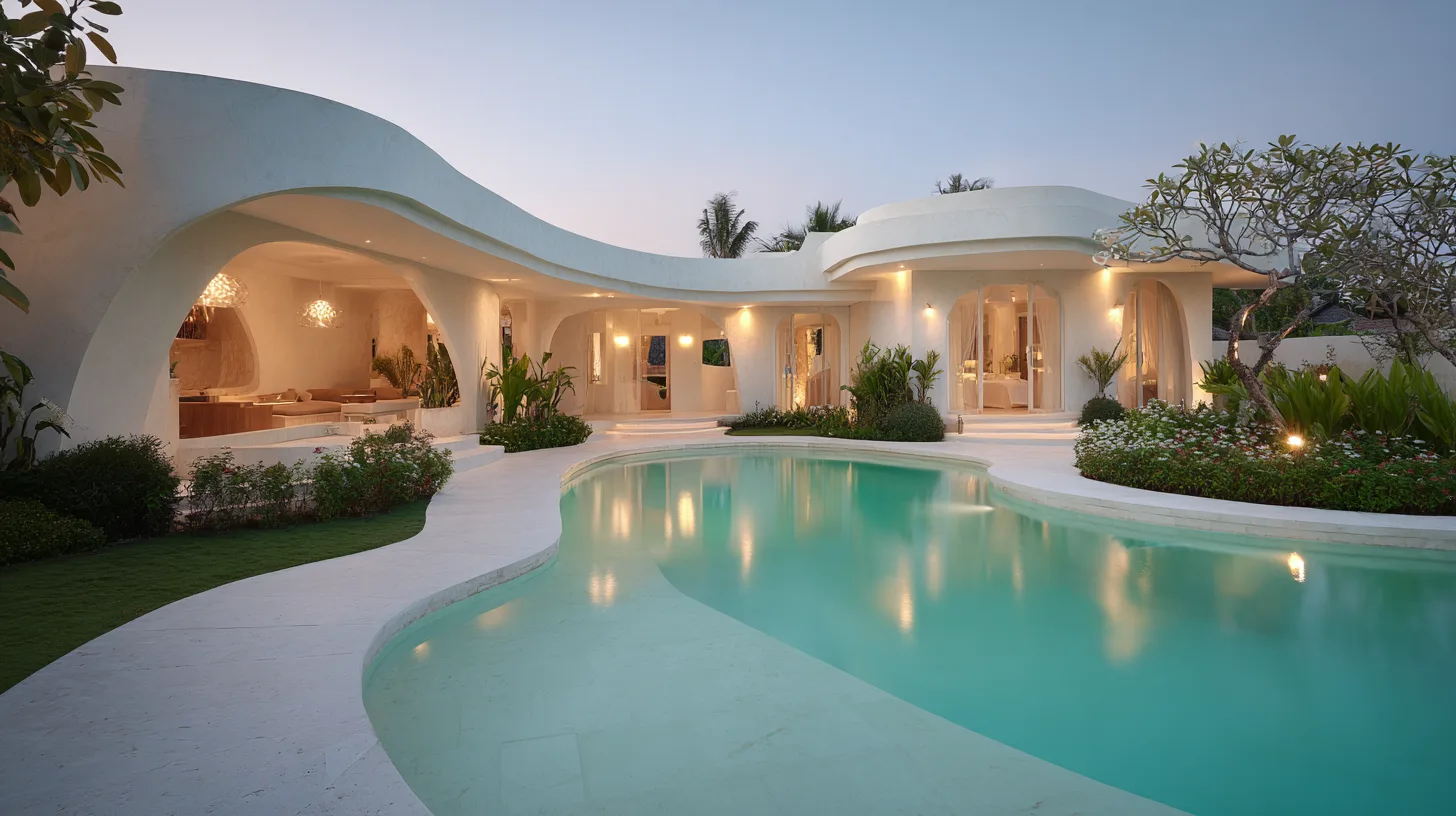 Extérieur de villa 3 chambres style soft luxury avec aménagement paysager à Bali par Genesis