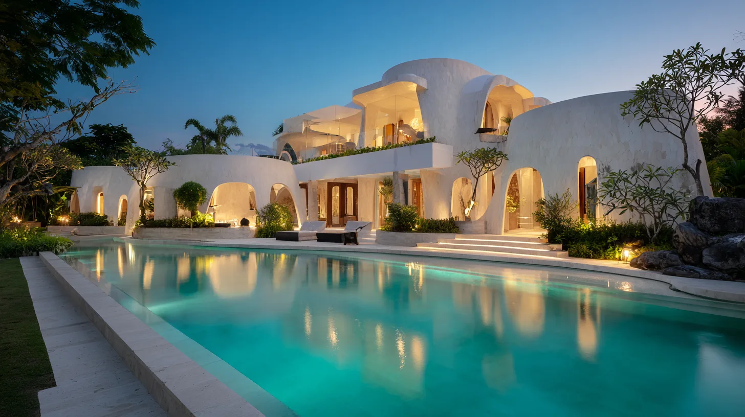 Extérieur de domaine 6 chambres style soft luxury avec piscine et jardins à Bali par Genesis