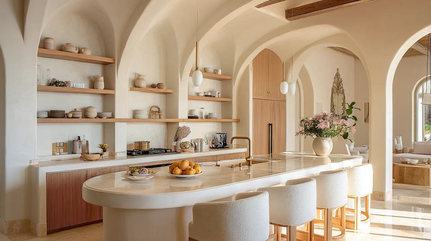 Cuisine entièrement équipée avec îlot style soft luxury dans une villa de luxe à Bali par Genesis