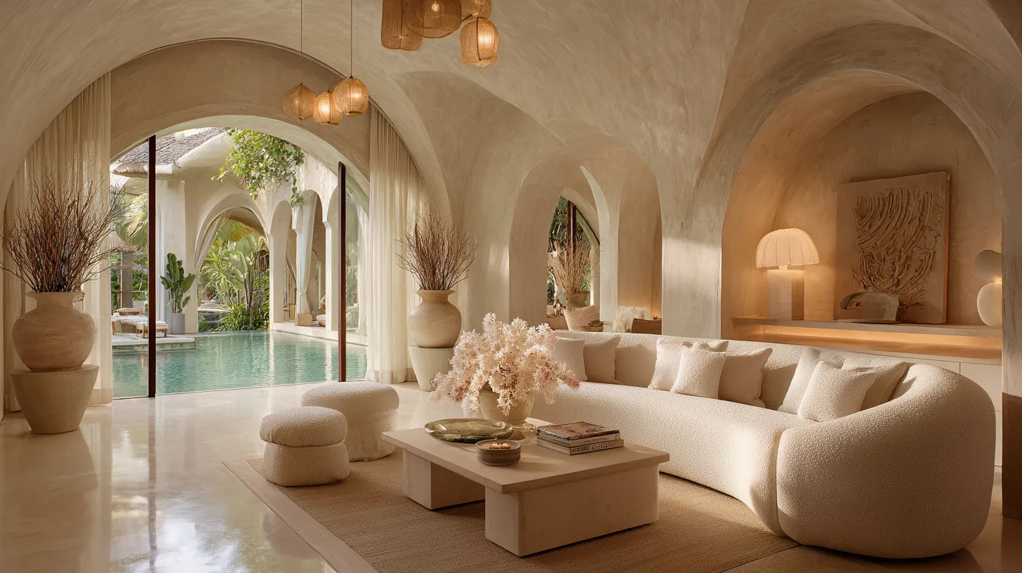 Salon ouvert style soft luxury dans une villa de luxe à Bali par Genesis
