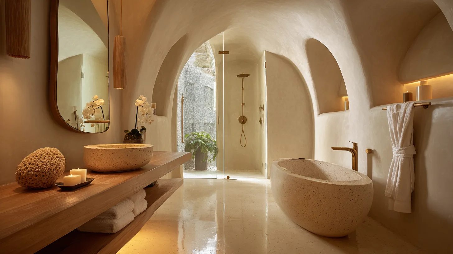 Salle de bain style soft luxury avec finitions design dans une villa de luxe à Bali par Genesis