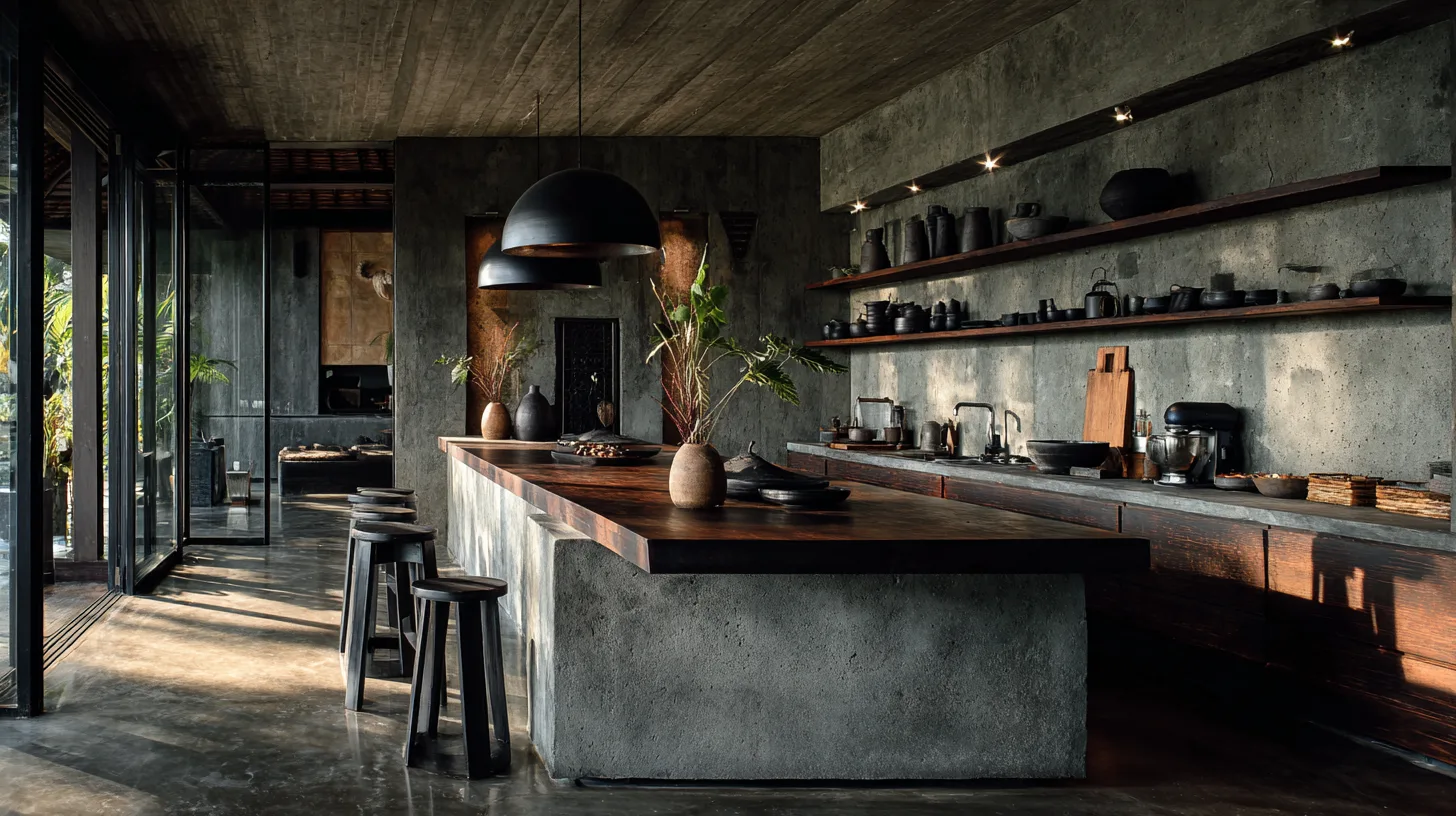 Cuisine entièrement équipée avec îlot style brutaliste dans une villa de luxe à Bali par Genesis