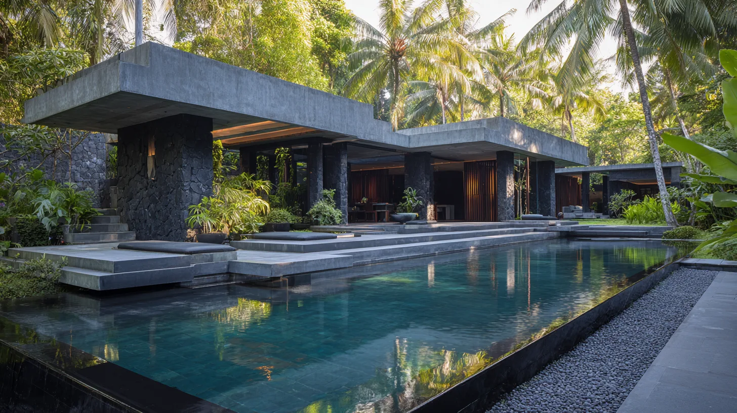 Extérieur de villa 4 chambres style brutaliste avec piscine privée à Bali par Genesis