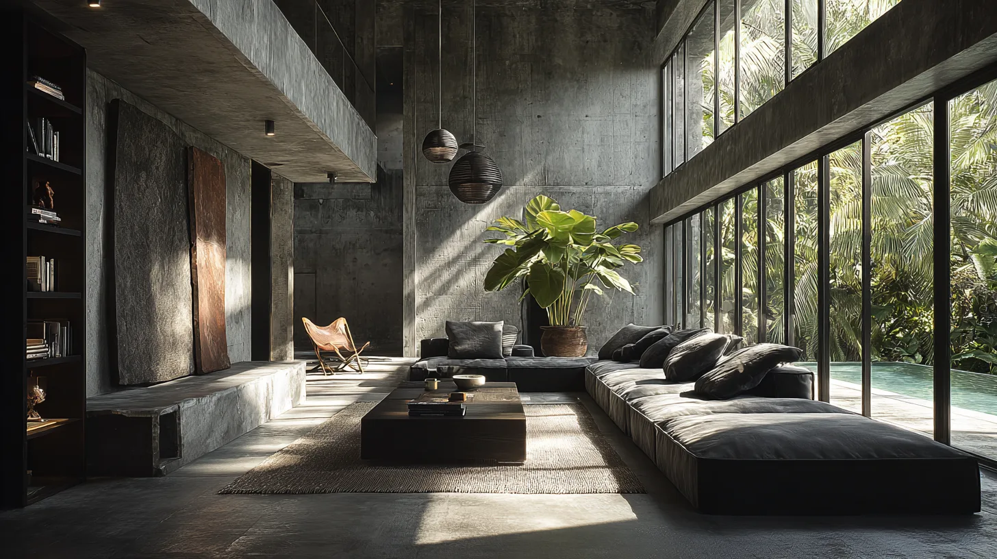Salon ouvert style brutaliste dans une villa de luxe à Bali par Genesis