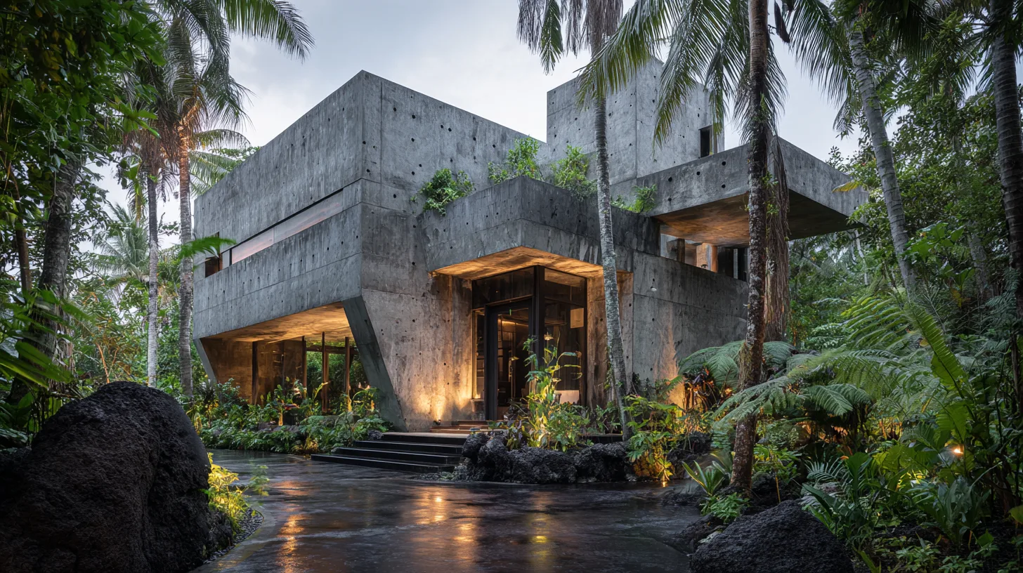 Extérieur de domaine 6 chambres style brutaliste avec piscine et jardins à Bali par Genesis