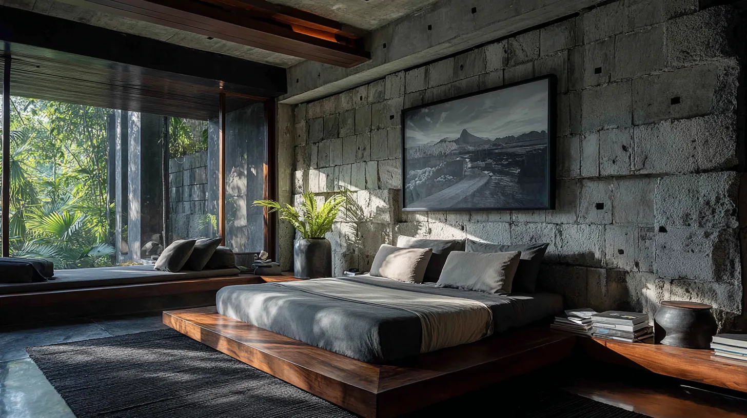 Chambre style brutaliste avec décoration intérieure soignée dans une villa de luxe à Bali par Genesis