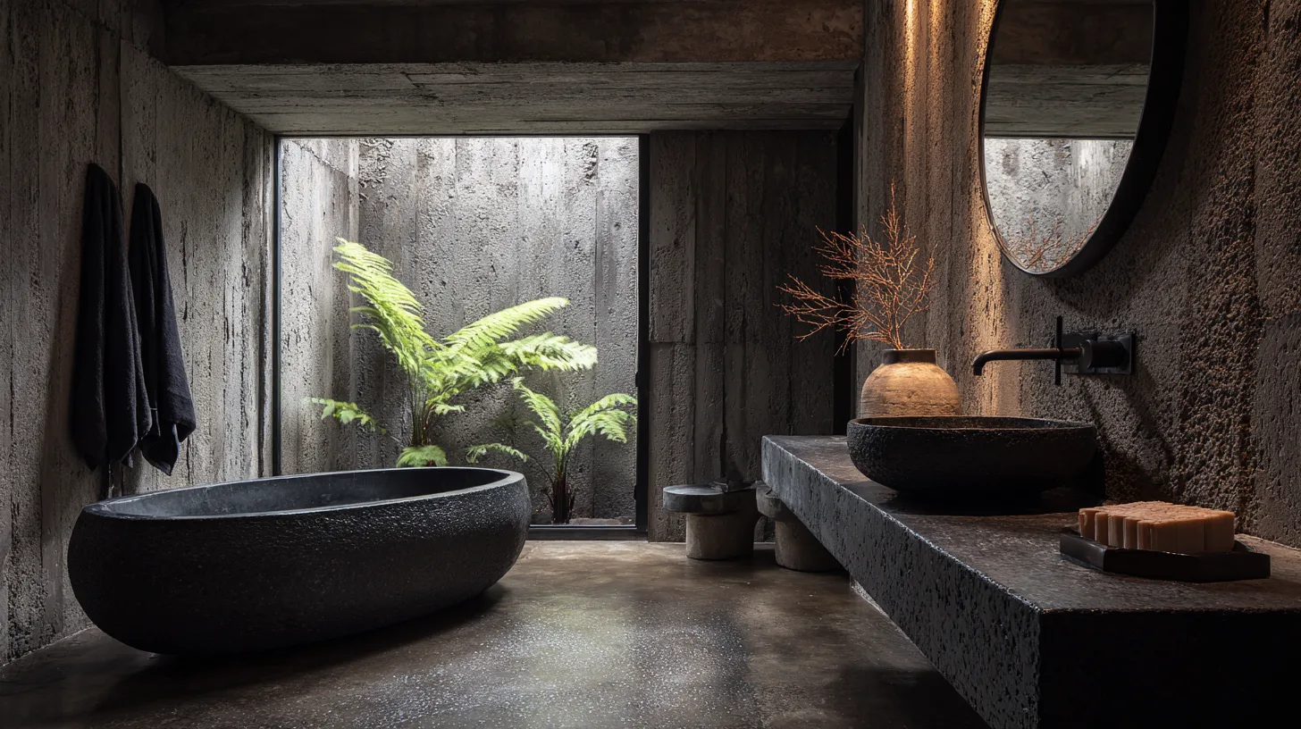 Salle de bain style brutaliste avec finitions design dans une villa de luxe à Bali par Genesis