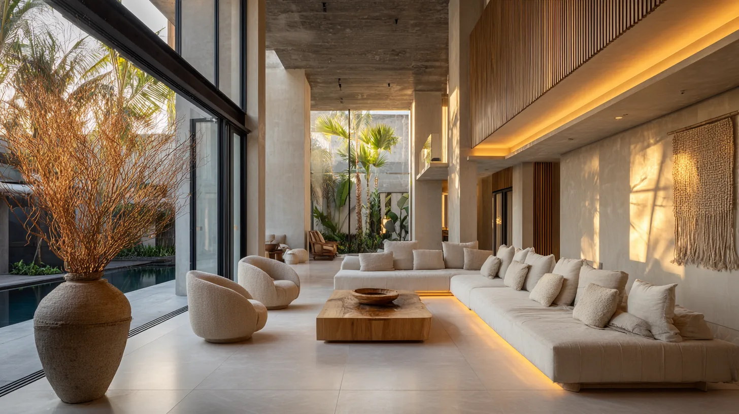 Salon ouvert style japandi dans une villa de luxe à Bali par Genesis