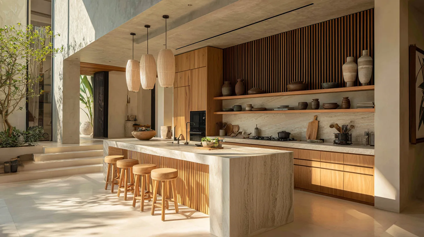 Cuisine entièrement équipée avec îlot style japandi dans une villa de luxe à Bali par Genesis