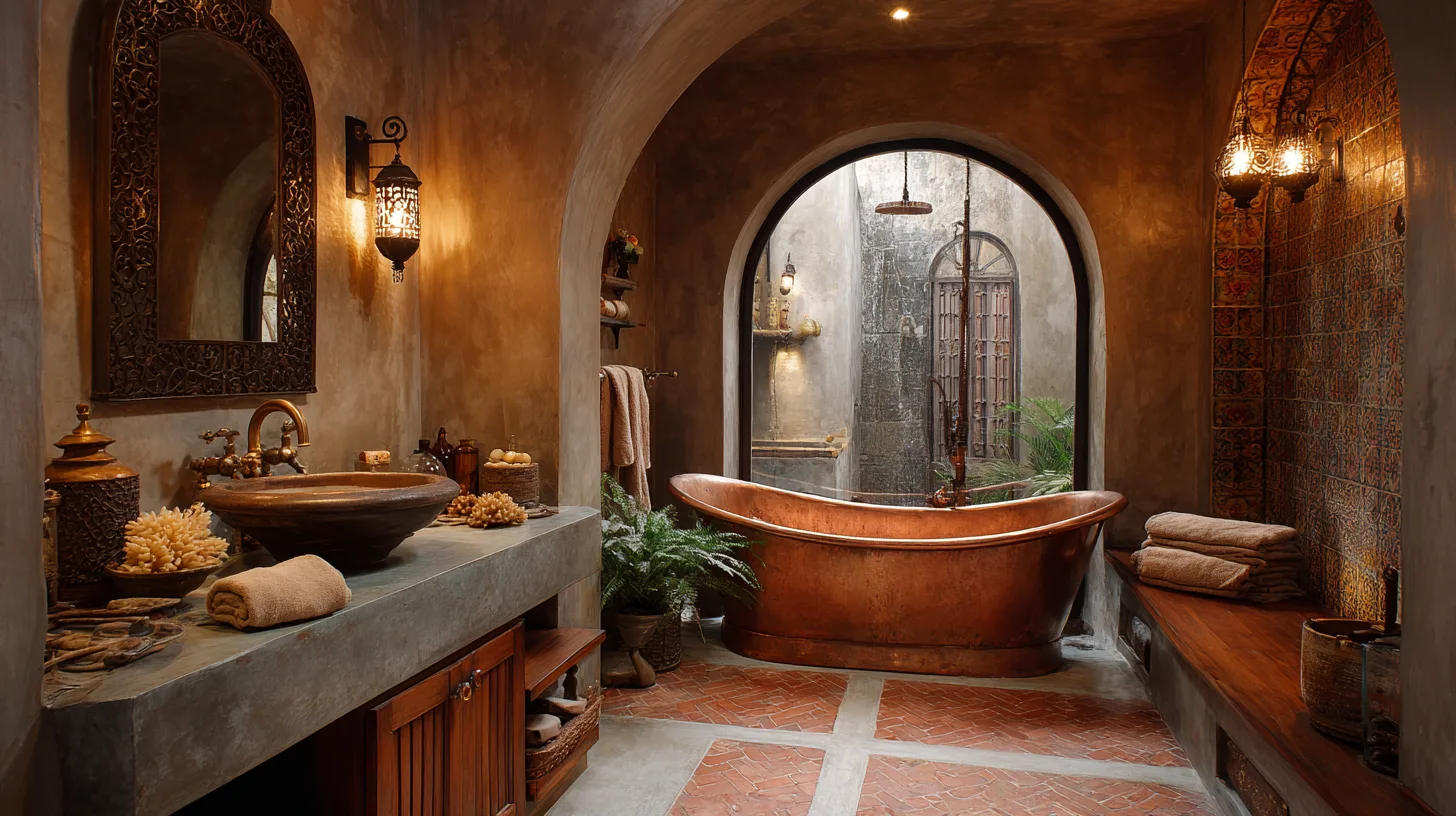 Salle de bain style méditerranéen avec finitions design dans une villa de luxe à Bali par Genesis