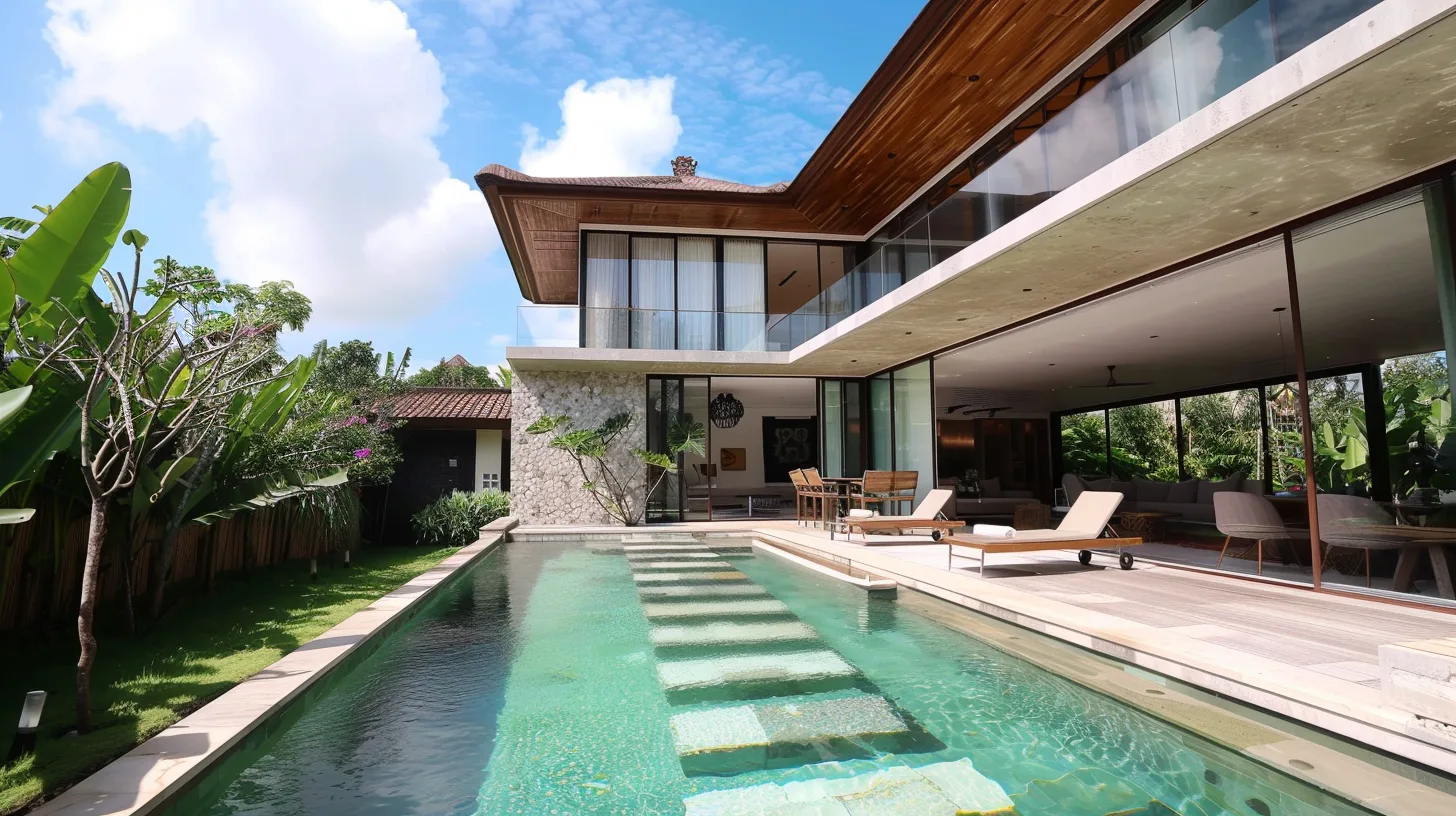Extérieur de villa 4 chambres style japandi avec piscine privée à Bali par Genesis