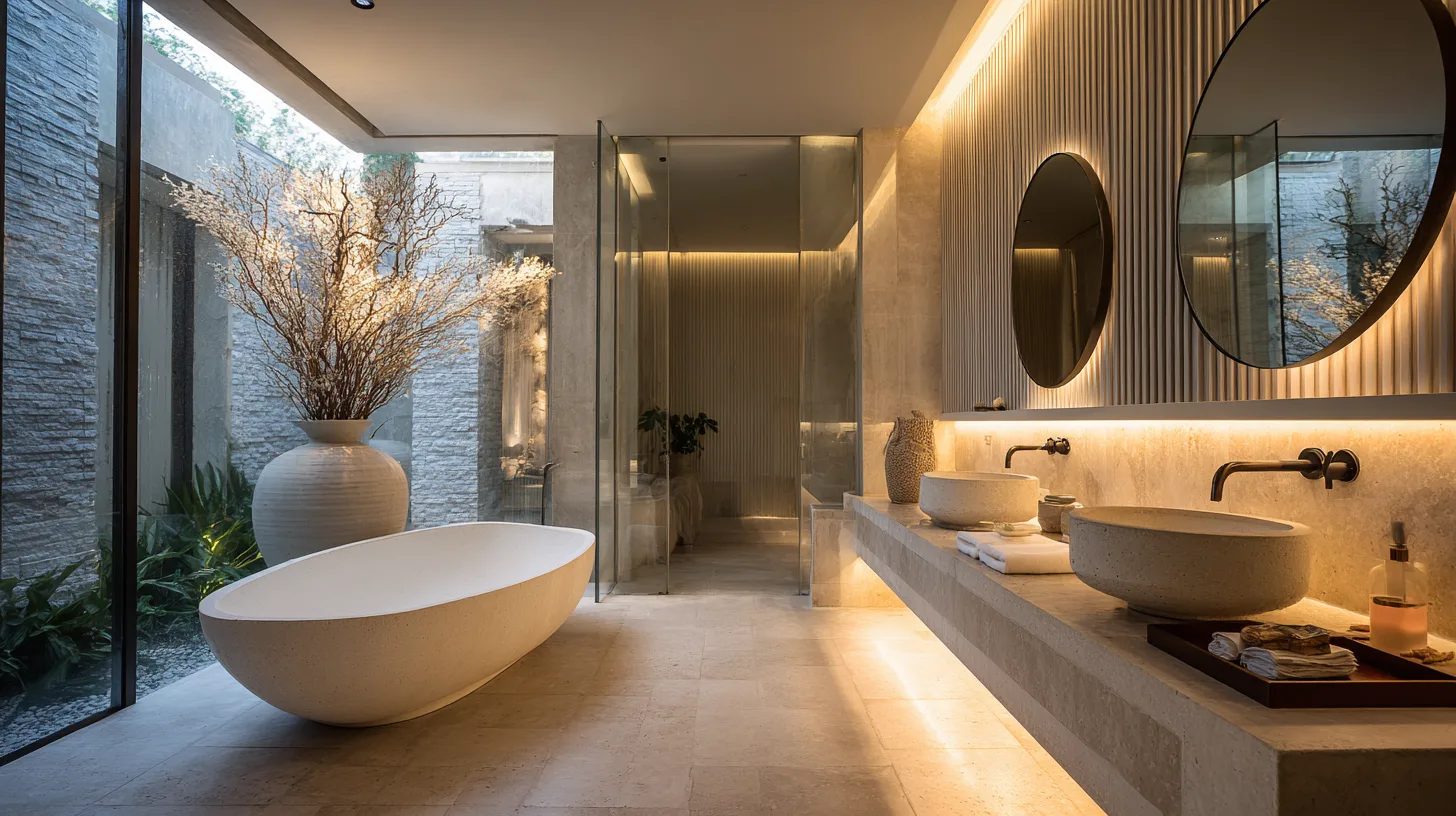Salle de bain style japandi avec finitions design dans une villa de luxe à Bali par Genesis